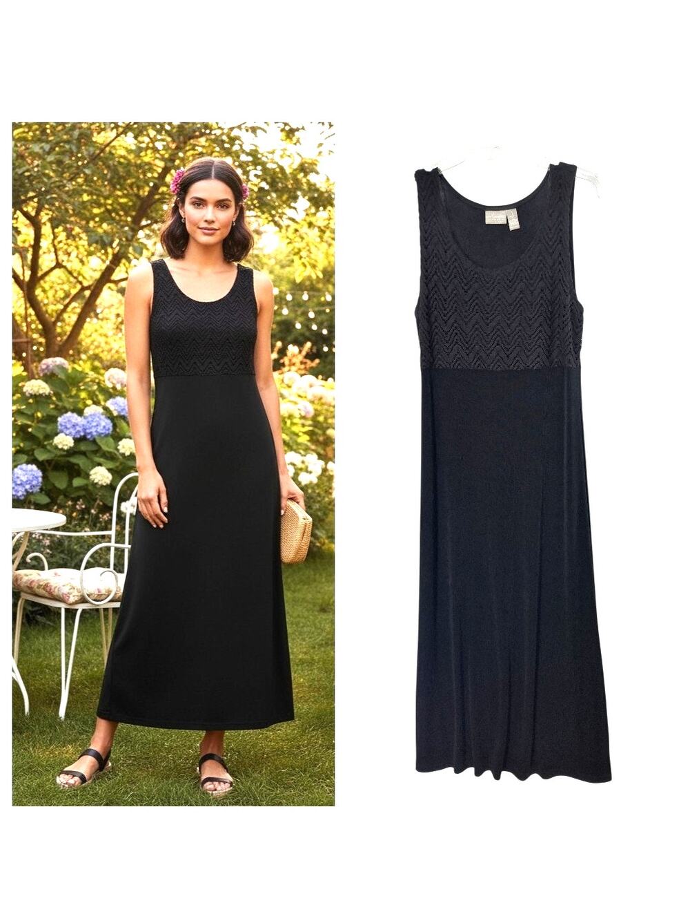 Chico's Travelers Collection Maxi Dress Size M Black Slinky Stretch Knit Popover